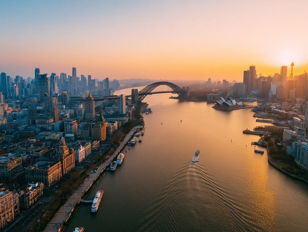 The corridor — Shanghai and Sydney merged at golden hour, representing the Australia–China cross-border connection at the heart of JW Advisory